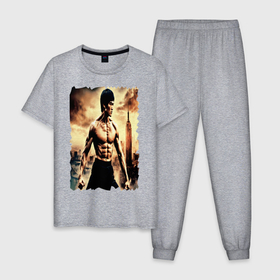Мужская пижама хлопок с принтом Брюс Ли на фоне города , 100% хлопок | брюки и футболка прямого кроя, без карманов, на брюках мягкая резинка на поясе и по низу штанин
 | 