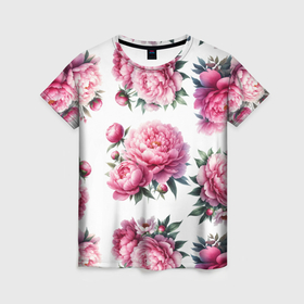 Женская футболка 3D с принтом Розовые цветы пиона в Тюмени, 100% полиэфир ( синтетическое хлопкоподобное полотно) | прямой крой, круглый вырез горловины, длина до линии бедер | 