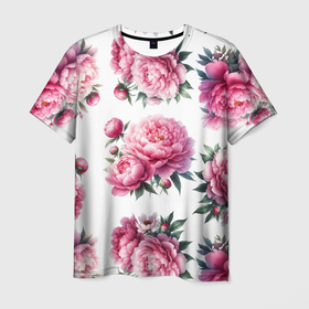 Мужская футболка 3D с принтом Розовые цветы пиона , 100% полиэфир | прямой крой, круглый вырез горловины, длина до линии бедер | Тематика изображения на принте: 