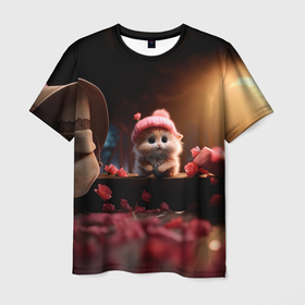 Мужская футболка 3D с принтом Влюбленный хомячок 14 февраля в Кировске, 100% полиэфир | прямой крой, круглый вырез горловины, длина до линии бедер | Тематика изображения на принте: 