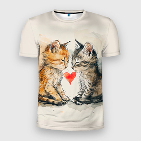 Мужская футболка 3D Slim с принтом Влюбленные милые  котята в Кировске, 100% полиэстер с улучшенными характеристиками | приталенный силуэт, круглая горловина, широкие плечи, сужается к линии бедра | 