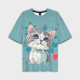 Мужская футболка oversize 3D с принтом Влюбленный котик 14 февраля в Кировске,  |  | Тематика изображения на принте: 