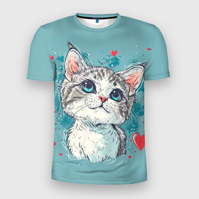 Мужская футболка 3D Slim с принтом Влюбленный котик 14 февраля в Кировске, 100% полиэстер с улучшенными характеристиками | приталенный силуэт, круглая горловина, широкие плечи, сужается к линии бедра | Тематика изображения на принте: 
