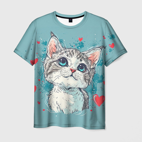 Мужская футболка 3D с принтом Влюбленный котик 14 февраля в Кировске, 100% полиэфир | прямой крой, круглый вырез горловины, длина до линии бедер | Тематика изображения на принте: 