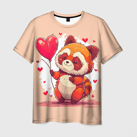 Мужская футболка 3D с принтом Милый енот с сердечком в Курске, 100% полиэфир | прямой крой, круглый вырез горловины, длина до линии бедер | 