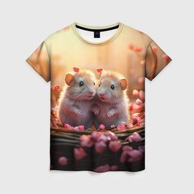 Женская футболка 3D с принтом Влюбленные мышки 14 февраля , 100% полиэфир ( синтетическое хлопкоподобное полотно) | прямой крой, круглый вырез горловины, длина до линии бедер | 