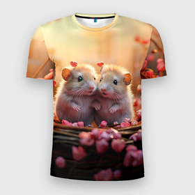 Мужская футболка 3D Slim с принтом Влюбленные мышки 14 февраля в Петрозаводске, 100% полиэстер с улучшенными характеристиками | приталенный силуэт, круглая горловина, широкие плечи, сужается к линии бедра | Тематика изображения на принте: 