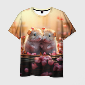 Мужская футболка 3D с принтом Влюбленные мышки 14 февраля в Петрозаводске, 100% полиэфир | прямой крой, круглый вырез горловины, длина до линии бедер | Тематика изображения на принте: 