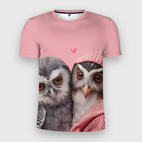 Мужская футболка 3D Slim с принтом Влюбленные совы 14 февраля в Курске, 100% полиэстер с улучшенными характеристиками | приталенный силуэт, круглая горловина, широкие плечи, сужается к линии бедра | Тематика изображения на принте: 