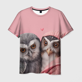 Мужская футболка 3D с принтом Влюбленные совы 14 февраля в Курске, 100% полиэфир | прямой крой, круглый вырез горловины, длина до линии бедер | Тематика изображения на принте: 