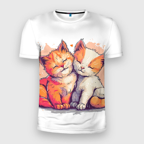 Мужская футболка 3D Slim с принтом Влюбленные милые котята в Белгороде, 100% полиэстер с улучшенными характеристиками | приталенный силуэт, круглая горловина, широкие плечи, сужается к линии бедра | 