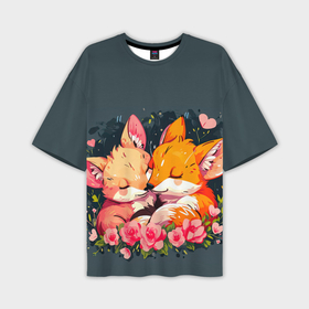Мужская футболка oversize 3D с принтом Милые лисички в цветах ,  |  | Тематика изображения на принте: 