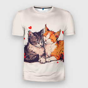 Мужская футболка 3D Slim с принтом Влюбленные  коты 14 февраля в Курске, 100% полиэстер с улучшенными характеристиками | приталенный силуэт, круглая горловина, широкие плечи, сужается к линии бедра | Тематика изображения на принте: 