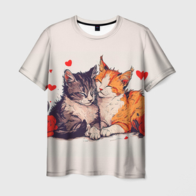 Мужская футболка 3D с принтом Влюбленные  коты 14 февраля в Санкт-Петербурге, 100% полиэфир | прямой крой, круглый вырез горловины, длина до линии бедер | 