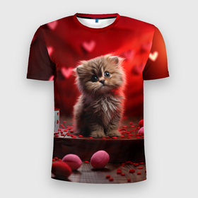 Мужская футболка 3D Slim с принтом 14 февраля влюбленный котик в Белгороде, 100% полиэстер с улучшенными характеристиками | приталенный силуэт, круглая горловина, широкие плечи, сужается к линии бедра | 