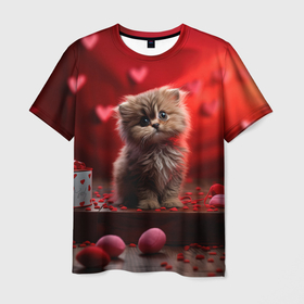 Мужская футболка 3D с принтом 14 февраля влюбленный котик в Кировске, 100% полиэфир | прямой крой, круглый вырез горловины, длина до линии бедер | Тематика изображения на принте: 