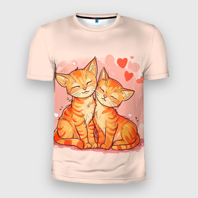 Мужская футболка 3D Slim с принтом Влюбленные рыжики котики 14 февраля в Белгороде, 100% полиэстер с улучшенными характеристиками | приталенный силуэт, круглая горловина, широкие плечи, сужается к линии бедра | 
