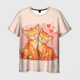 Мужская футболка 3D с принтом Влюбленные рыжики котики 14 февраля в Кировске, 100% полиэфир | прямой крой, круглый вырез горловины, длина до линии бедер | Тематика изображения на принте: 