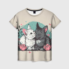 Женская футболка 3D с принтом 14 февраля  влюбленные котики в Курске, 100% полиэфир ( синтетическое хлопкоподобное полотно) | прямой крой, круглый вырез горловины, длина до линии бедер | 