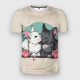 Мужская футболка 3D Slim с принтом 14 февраля  влюбленные котики в Кировске, 100% полиэстер с улучшенными характеристиками | приталенный силуэт, круглая горловина, широкие плечи, сужается к линии бедра | Тематика изображения на принте: 