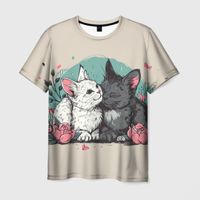 Мужская футболка 3D с принтом 14 февраля  влюбленные котики в Кировске, 100% полиэфир | прямой крой, круглый вырез горловины, длина до линии бедер | Тематика изображения на принте: 