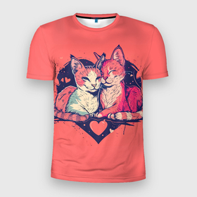 Мужская футболка 3D Slim с принтом Влюбленные коты в виде сердца в Курске, 100% полиэстер с улучшенными характеристиками | приталенный силуэт, круглая горловина, широкие плечи, сужается к линии бедра | Тематика изображения на принте: 