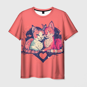Мужская футболка 3D с принтом Влюбленные коты в виде сердца в Белгороде, 100% полиэфир | прямой крой, круглый вырез горловины, длина до линии бедер | 