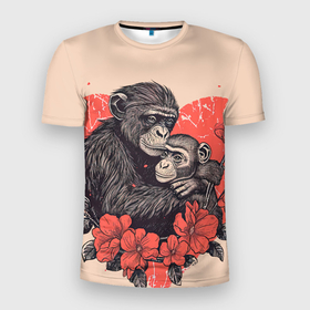 Мужская футболка 3D Slim с принтом Влюбленные обезьяны 14 февраля в Белгороде, 100% полиэстер с улучшенными характеристиками | приталенный силуэт, круглая горловина, широкие плечи, сужается к линии бедра | 