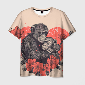 Мужская футболка 3D с принтом Влюбленные обезьяны 14 февраля в Санкт-Петербурге, 100% полиэфир | прямой крой, круглый вырез горловины, длина до линии бедер | 