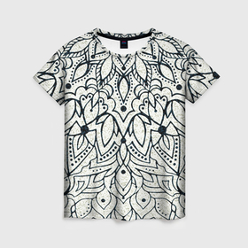 Женская футболка 3D с принтом Бежевый узоры мандала в Санкт-Петербурге, 100% полиэфир ( синтетическое хлопкоподобное полотно) | прямой крой, круглый вырез горловины, длина до линии бедер | Тематика изображения на принте: 