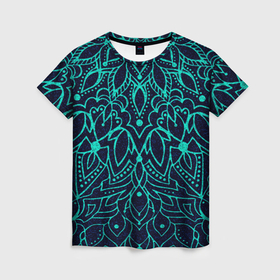 Женская футболка 3D с принтом Синий узоры мандала в Санкт-Петербурге, 100% полиэфир ( синтетическое хлопкоподобное полотно) | прямой крой, круглый вырез горловины, длина до линии бедер | Тематика изображения на принте: 