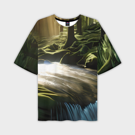 Мужская футболка oversize 3D с принтом Водопад в лесу в Санкт-Петербурге,  |  | 