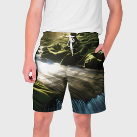 Мужские шорты 3D с принтом Водопад в лесу ,  полиэстер 100% | прямой крой, два кармана без застежек по бокам. Мягкая трикотажная резинка на поясе, внутри которой широкие завязки. Длина чуть выше колен | 