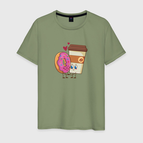 Мужская футболка хлопок с принтом Любовь кофе и пончик в Белгороде, 100% хлопок | прямой крой, круглый вырез горловины, длина до линии бедер, слегка спущенное плечо. | 