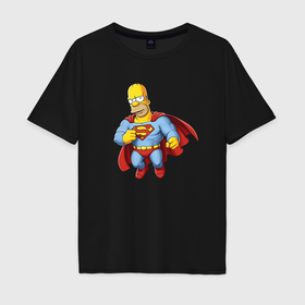 Мужская футболка хлопок Oversize с принтом Гомер супермен в Петрозаводске, 100% хлопок | свободный крой, круглый ворот, “спинка” длиннее передней части | 