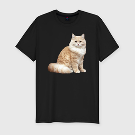 Мужская футболка хлопок Slim с принтом Пушистая бело рыжая кошка в Новосибирске, 92% хлопок, 8% лайкра | приталенный силуэт, круглый вырез ворота, длина до линии бедра, короткий рукав | Тематика изображения на принте: 