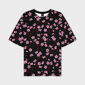 Мужская футболка oversize 3D с принтом Sakura on a black background в Курске,  |  | Тематика изображения на принте: 