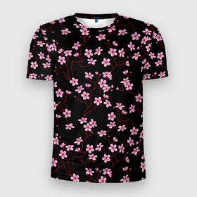 Мужская футболка 3D Slim с принтом Sakura on a black background в Петрозаводске, 100% полиэстер с улучшенными характеристиками | приталенный силуэт, круглая горловина, широкие плечи, сужается к линии бедра | 