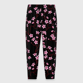 Мужские брюки 3D с принтом Sakura on a black background в Курске, 100% полиэстер | манжеты по низу, эластичный пояс регулируется шнурком, по бокам два кармана без застежек, внутренняя часть кармана из мелкой сетки | 