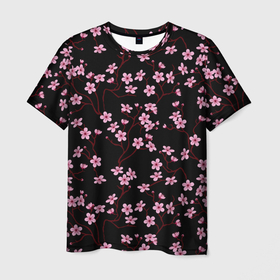Мужская футболка 3D с принтом Sakura on a black background в Санкт-Петербурге, 100% полиэфир | прямой крой, круглый вырез горловины, длина до линии бедер | 