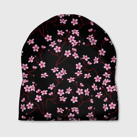 Шапка 3D с принтом Sakura on a black background в Курске, 100% полиэстер | универсальный размер, печать по всей поверхности изделия | 