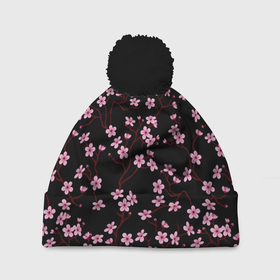 Шапка 3D c помпоном с принтом Sakura on a black background в Курске, 100% полиэстер | универсальный размер, печать по всей поверхности изделия | 