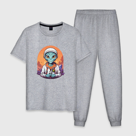 Мужская пижама хлопок с принтом Нашествие инопланетян в Петрозаводске, 100% хлопок | брюки и футболка прямого кроя, без карманов, на брюках мягкая резинка на поясе и по низу штанин
 | 
