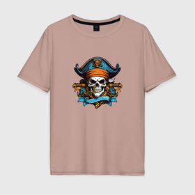 Мужская футболка хлопок Oversize с принтом Эмблема пиратского черепа в Петрозаводске, 100% хлопок | свободный крой, круглый ворот, “спинка” длиннее передней части | 