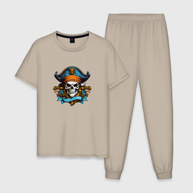 Мужская пижама хлопок с принтом Эмблема пиратского черепа в Курске, 100% хлопок | брюки и футболка прямого кроя, без карманов, на брюках мягкая резинка на поясе и по низу штанин
 | 