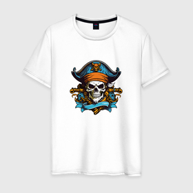 Мужская футболка хлопок с принтом Эмблема пиратского черепа в Новосибирске, 100% хлопок | прямой крой, круглый вырез горловины, длина до линии бедер, слегка спущенное плечо. | 