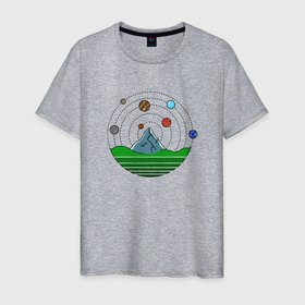 Мужская футболка хлопок с принтом Гора в окружении планет в Рязани, 100% хлопок | прямой крой, круглый вырез горловины, длина до линии бедер, слегка спущенное плечо. | 