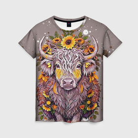 Женская футболка 3D с принтом Лохматая корова с венком цветов трав в Екатеринбурге, 100% полиэфир ( синтетическое хлопкоподобное полотно) | прямой крой, круглый вырез горловины, длина до линии бедер | 