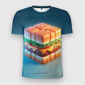 Мужская футболка 3D Slim с принтом Абстрактный гамбургер в форме куба в Курске, 100% полиэстер с улучшенными характеристиками | приталенный силуэт, круглая горловина, широкие плечи, сужается к линии бедра | Тематика изображения на принте: 
