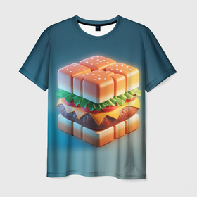 Мужская футболка 3D с принтом Абстрактный гамбургер в форме куба в Тюмени, 100% полиэфир | прямой крой, круглый вырез горловины, длина до линии бедер | 